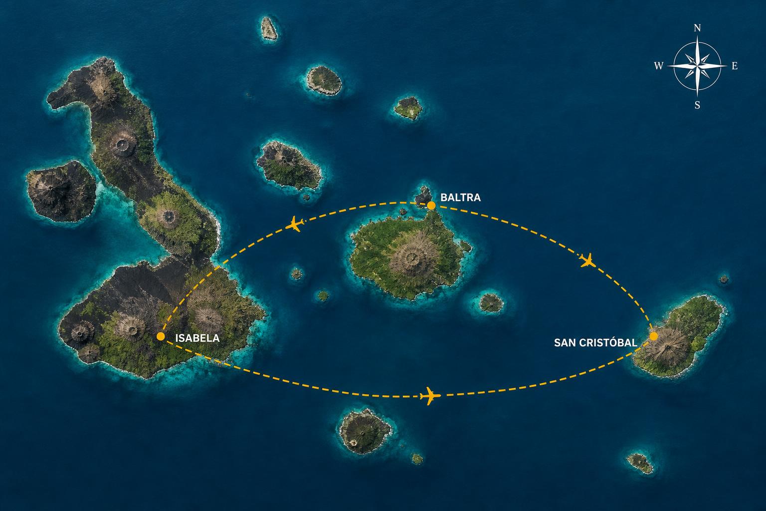 Light air-taxi plane flying over the Galápagos archipelago