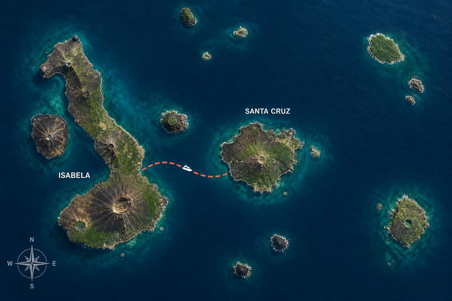 Aerial view of Isabela Island, Galápagos — volcanic crater and turquoise bay